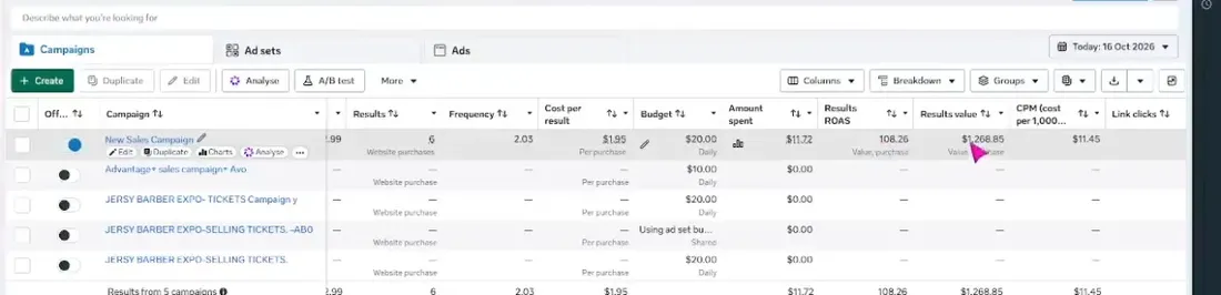 Meta Ads Manager campaign results